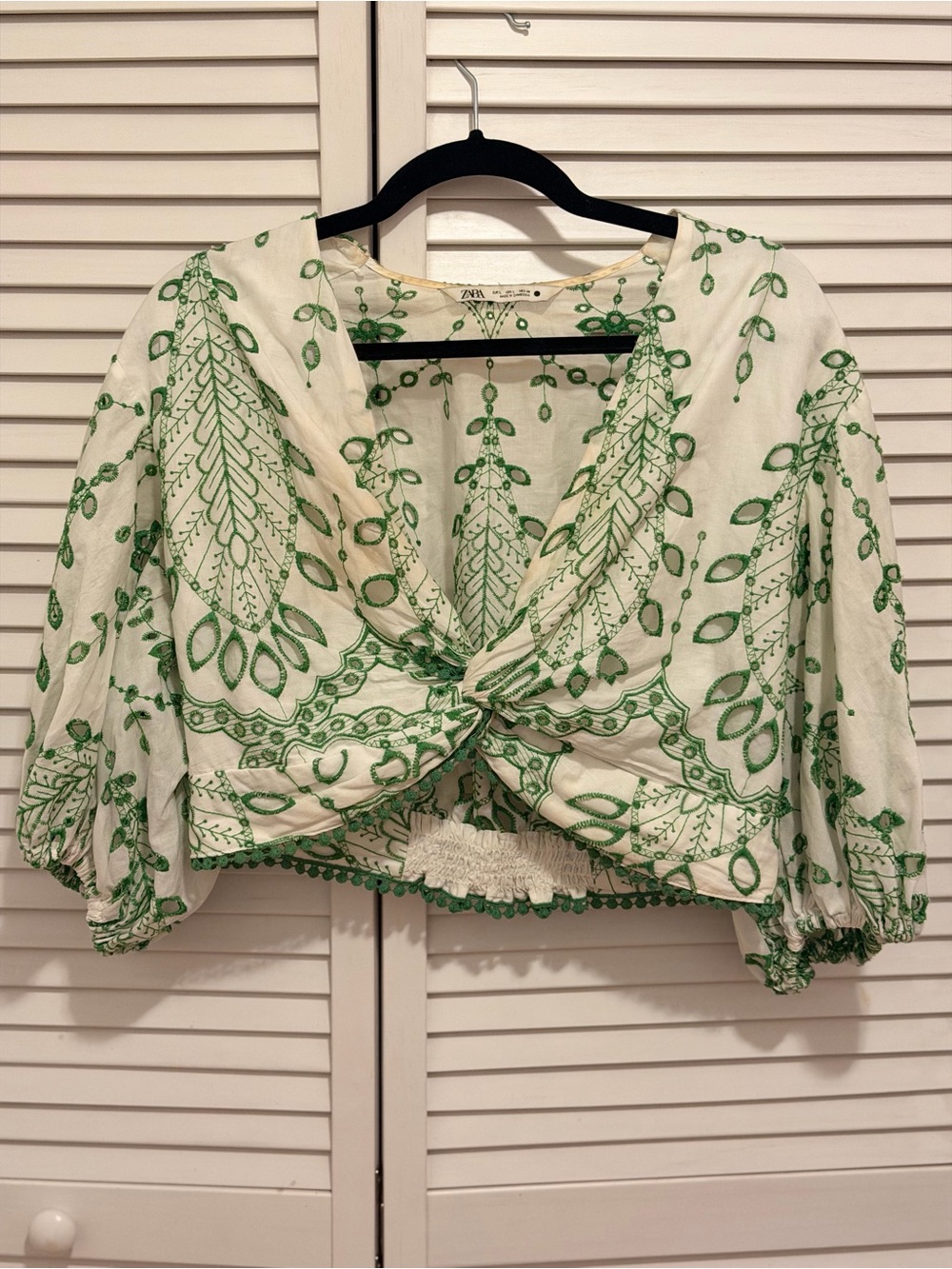 Zara White Crop Top with Green Embroidered Tie Front